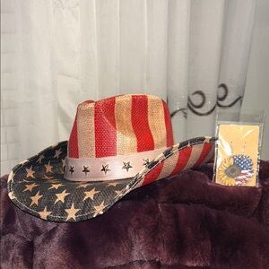 Patriotic Star and Stripe Cowboy Hat and sunflower wooden earrings